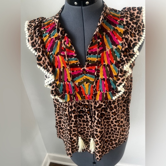 THML Boho Leopard Print Embroidered Tassel Top Sz S Ruffle Sleeve Festival Chic - Picture 9 of 16